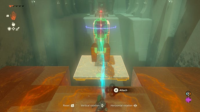 Link using the Ultrahand power to attach a wheel to a sliding rail inside Susuyai Shrine in Zelda: Tears of the Kingdom