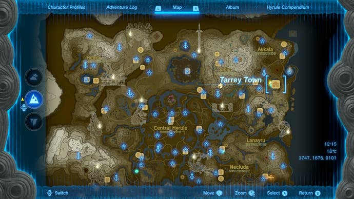 A map screen showing the location of Tarrey Town in Zelda: Tears of the Kingdom