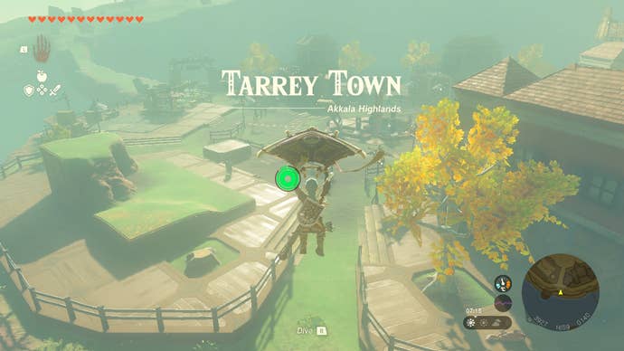 Link gliding into Tarrey Town in Zelda: Tears of the Kingdom