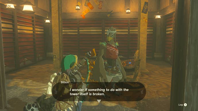 Link speaking to Billson outside Thyphlo Ruins Skyview Tower in Zelda: Tears of the Kingdom