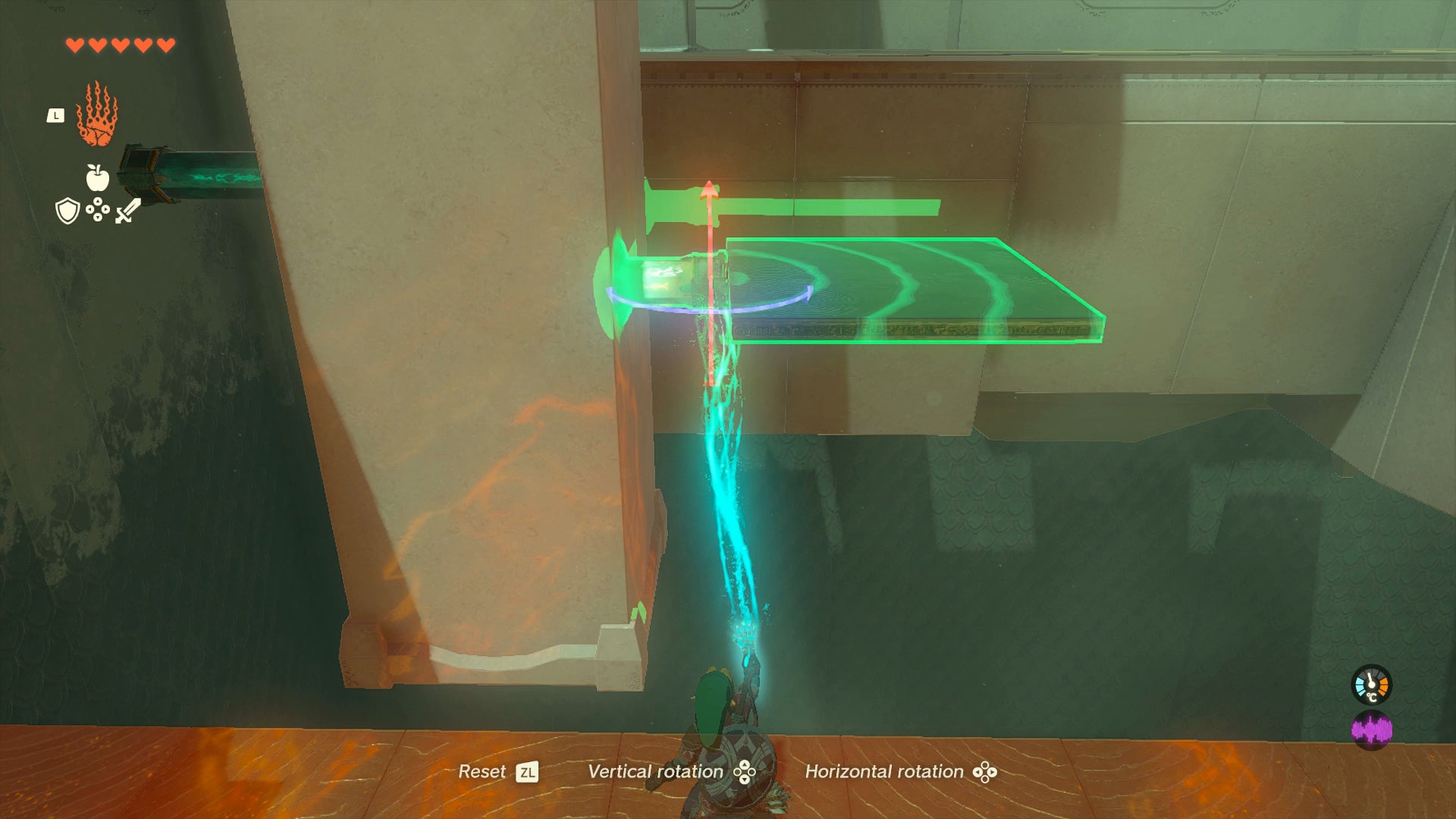 Link using the Ultrahand power to place a stake inside a wall inside Tsutsu-um Shrine in Zelda: Tears of the Kingdom - 4