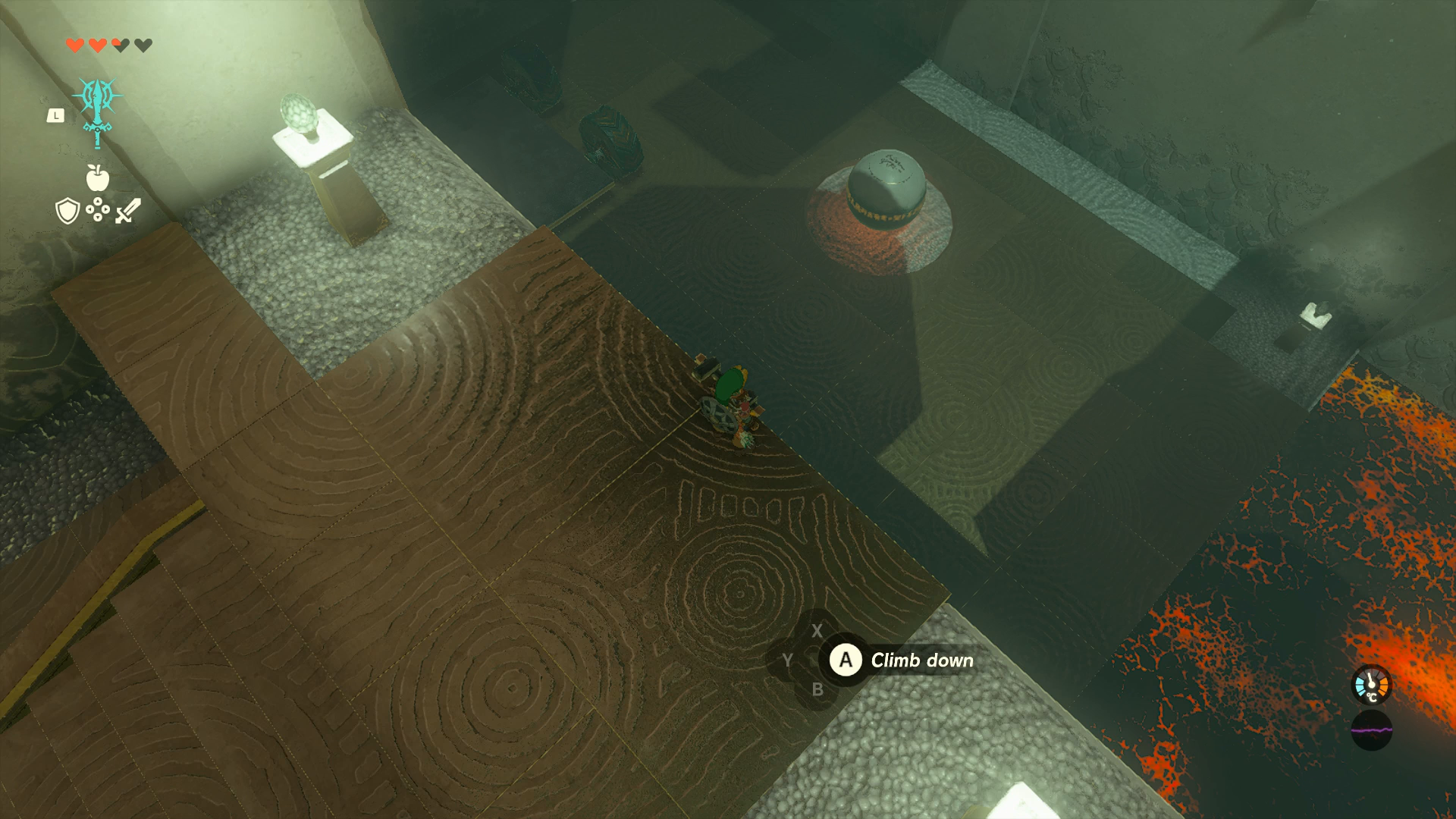 Link overlooking a giant ball inside Tukarok Shrine in Zelda: Tears of the Kingdom