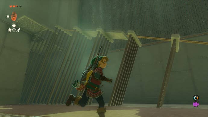 Link using the Ultrahand power to line up a stone slab inside Tukarok Shrine in Zelda: Tears of the Kingdom