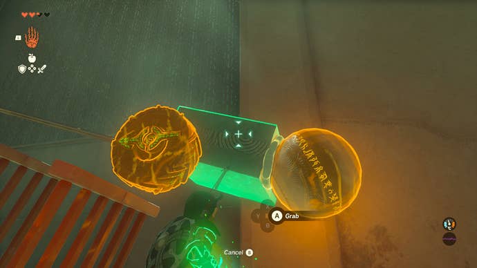 Link attaching objects together with the Ultrahand power inside Tukarok Shrine in Zelda: Tears of the Kingdom