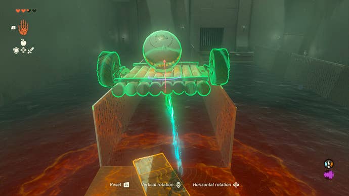 Link ferrying a ball across a pool of water inside Tukarok Shrine in Zelda: Tears of the Kingdom