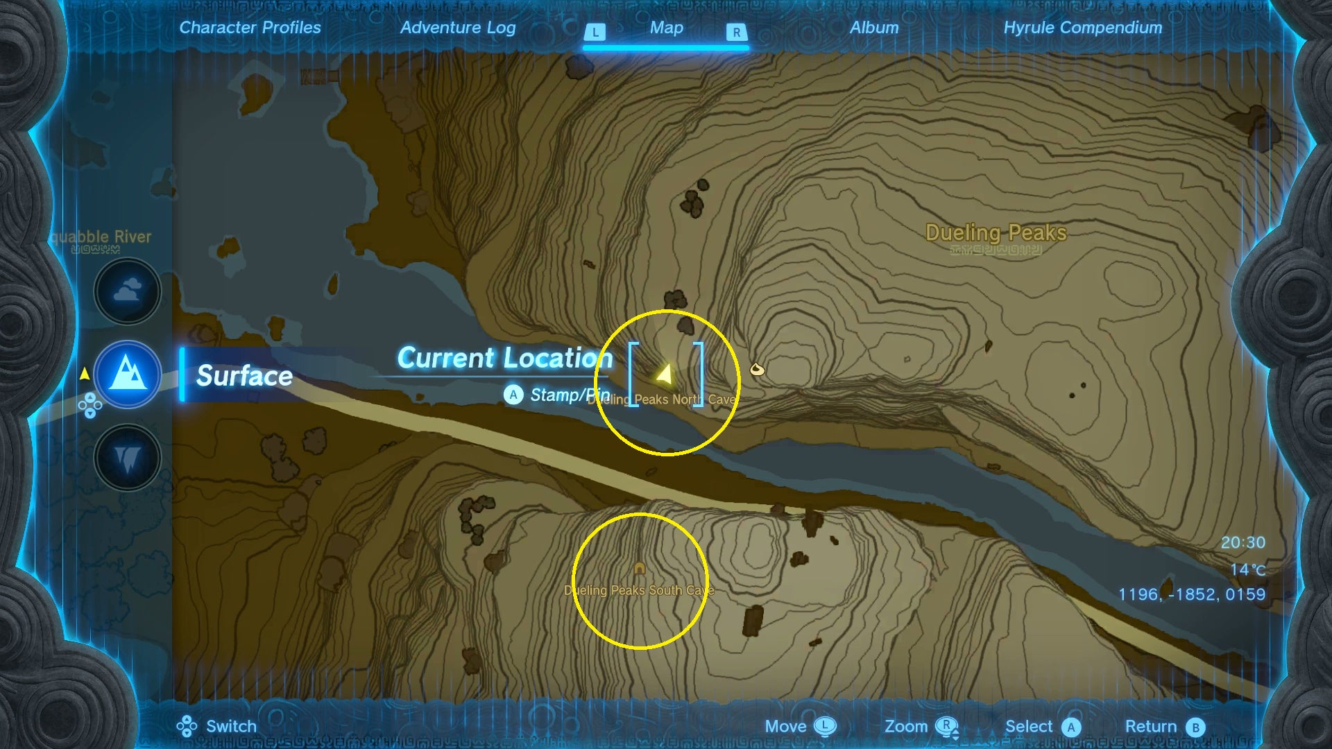 A map screen showing the locations mentioned in the Twins Manuscript in Zelda: Tears of the Kingdom - 4