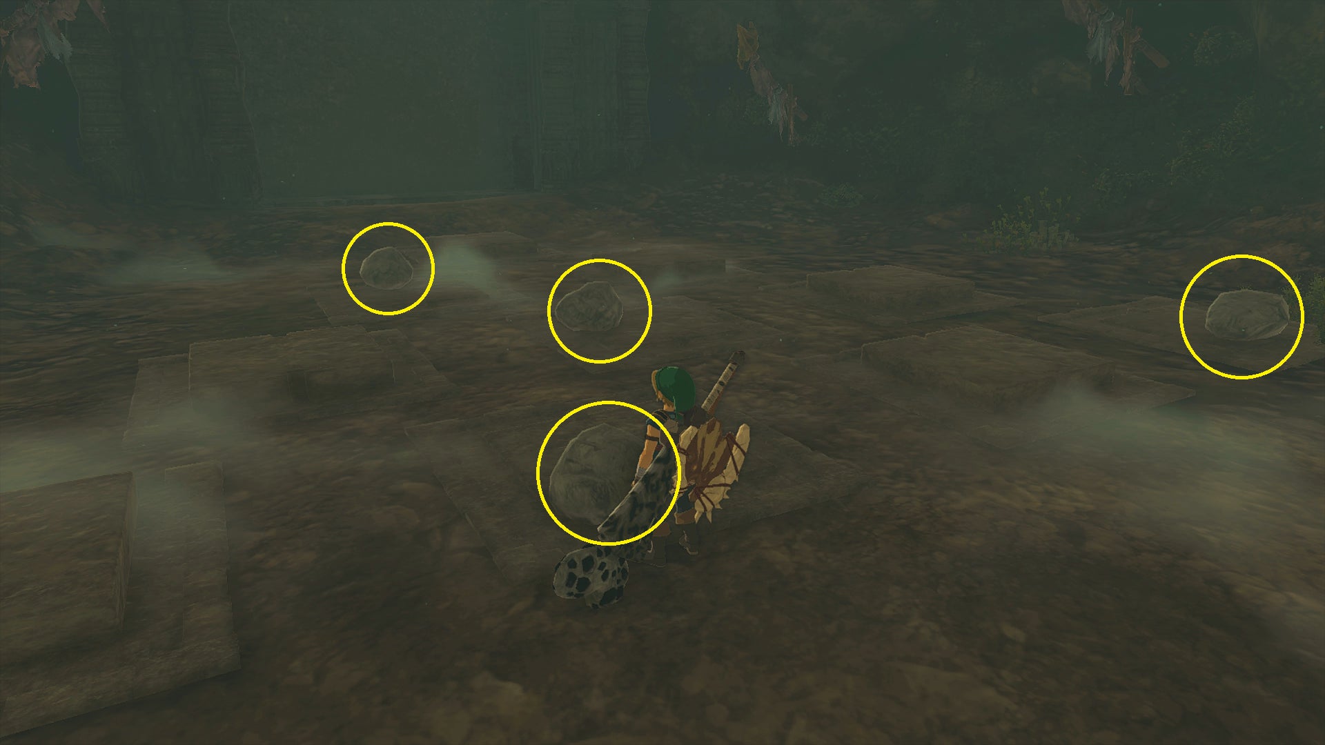 Link placing rocks to solve the Twins Manuscript stone puzzle in Zelda: Tears of the Kingdom - 7