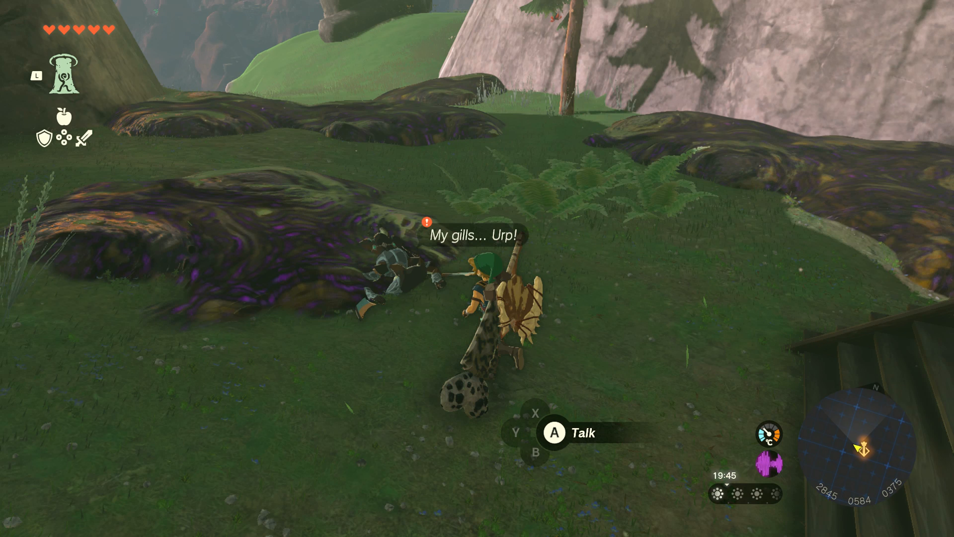 Link speaking to Bazz in front of Upland Zorana Skyview Tower in Zelda: Tears of the Kingdom