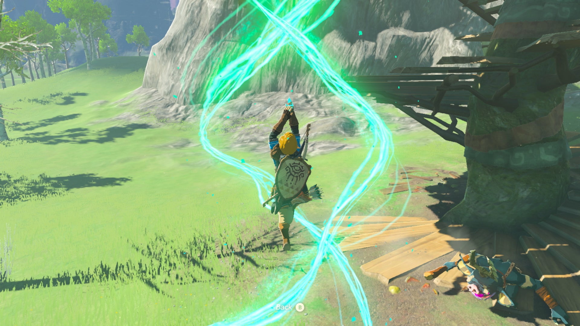 Link using the Ascend power to climb to a high ledge in Zelda: Tears of the Kingdom - 1