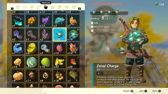 Link holding five Zonai Charges in Zelda: Tears of the Kingdom