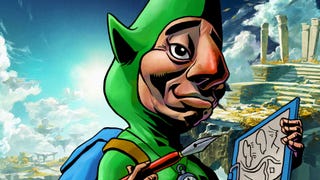 A close-up of 2D art of Tingle from Zelda: Majora's Mask, he is superimposed over the boxart from Tears of the Kingdom showing Link perched on a sky island.