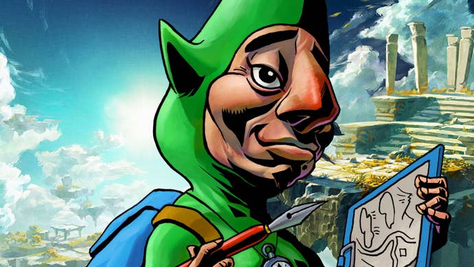 A close-up of 2D art of Tingle from Zelda: Majora’s Mask, he is superimposed over the boxart from Tears of the Kingdom showing Link perched on a sky island.