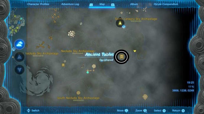 zelda totk Necluda Sky Archipelago Lanayru Sky Archipelago ancient tablet map location