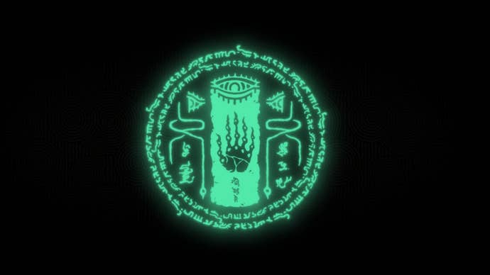 The Legend of Zelda: Tears of the Kingdom artwork showing a florescent green circle made up of ancient-style glyphs on top of a black background.