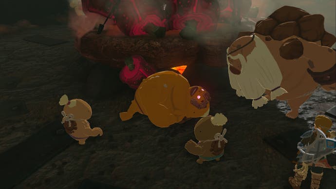 zelda totk bludo and gorons looking at spaced out goron