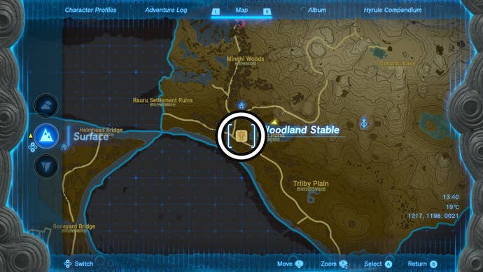 Map showing the location of the Woodland Stable in the Eldin region of Hyrule in Zelda: Tears of the Kingdom.