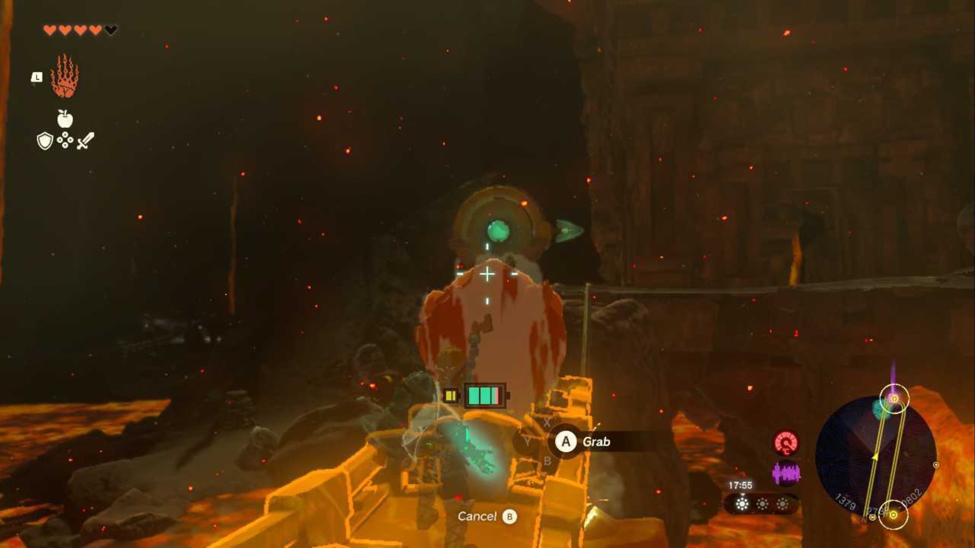 Zelda TOTK, Link is on a cart in the fire temple with Yunobo aiming at a target.