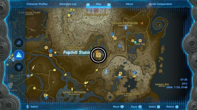 zelda totk foothill stable map location