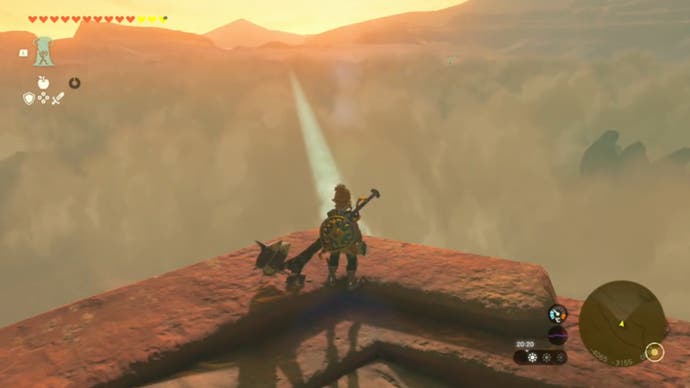 zelda totk gerudo desert link on top of first tower looking at beam of light to second