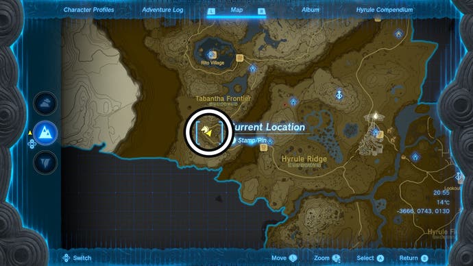 Map showing the location of a horn player who got stuck in a hole in the ground in Zelda: Tears of the Kingdom.