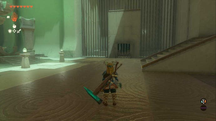 zelda totk kyokugon shrine, link is looking at a gated wall blocking the shrine chest.