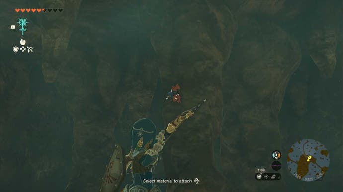 zelda totk link aiming arrow at sticky frog in cave