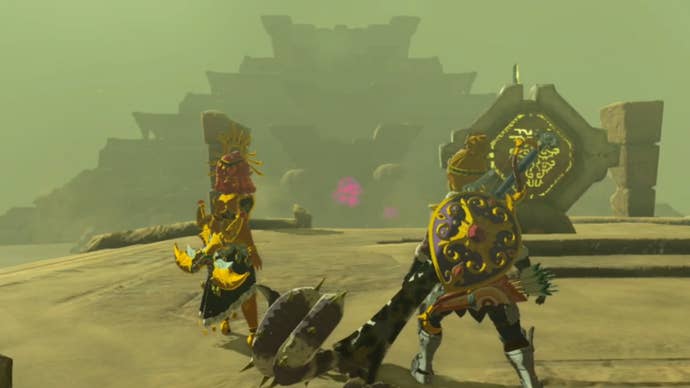 zelda totk link and riju looking at lightning temple