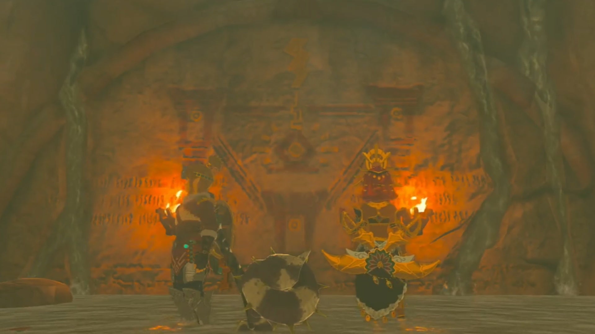 zelda totk link and riju looking at mural in gerudo shelter