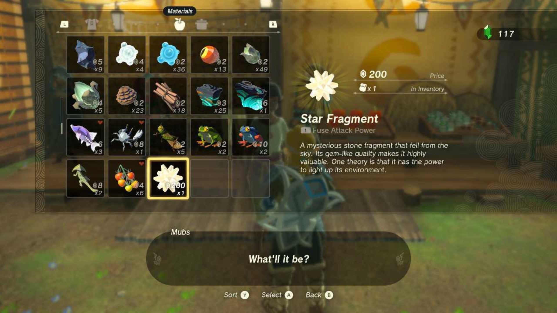 zelda totk link at trader selling star fragment