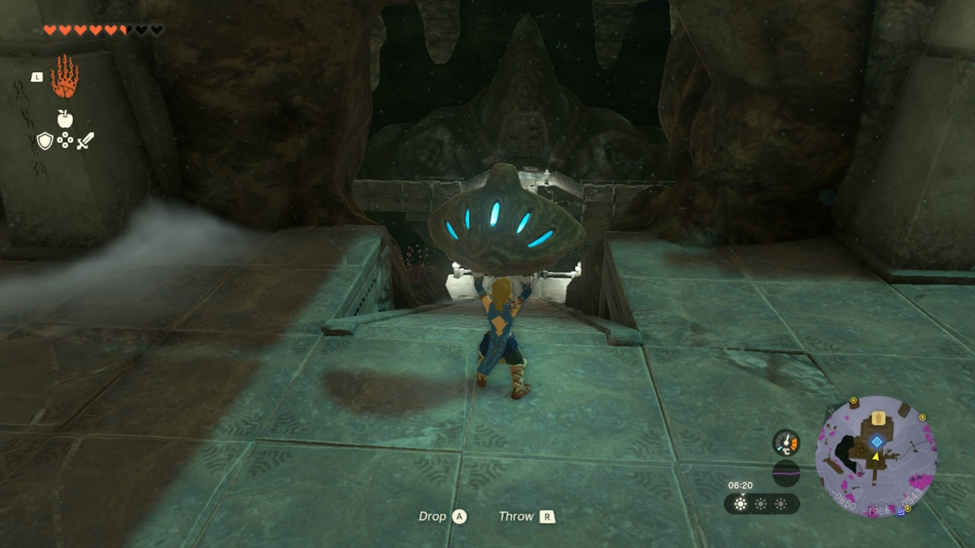 zelda totk link carrying second statue eye down stairs to call from depths bargaineer statue