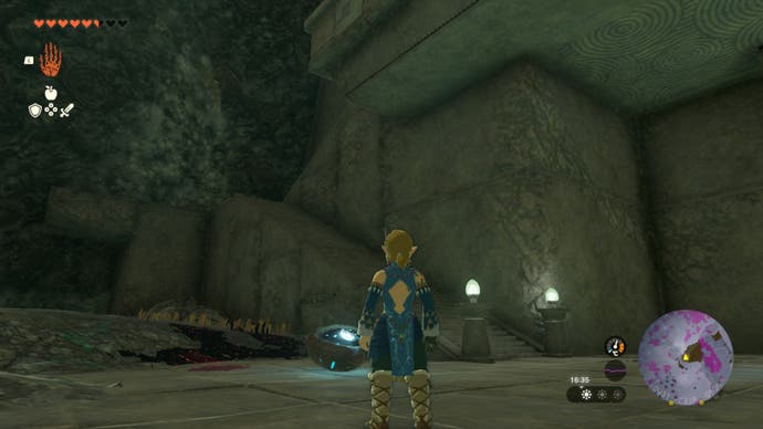 zelda totk link in depths with eye facing stairs great plateau south chasm