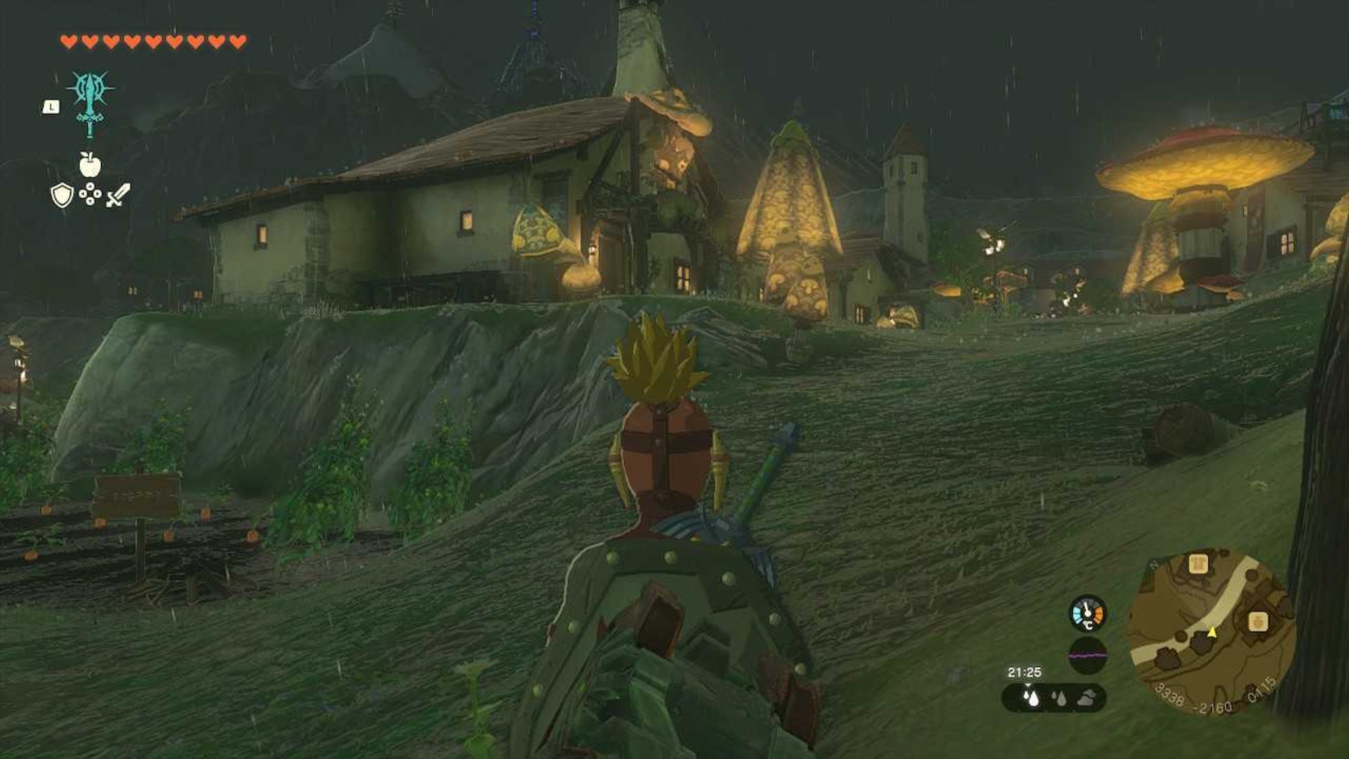 zelda totk link in yiga armor standing opposite carrot patch hateno village