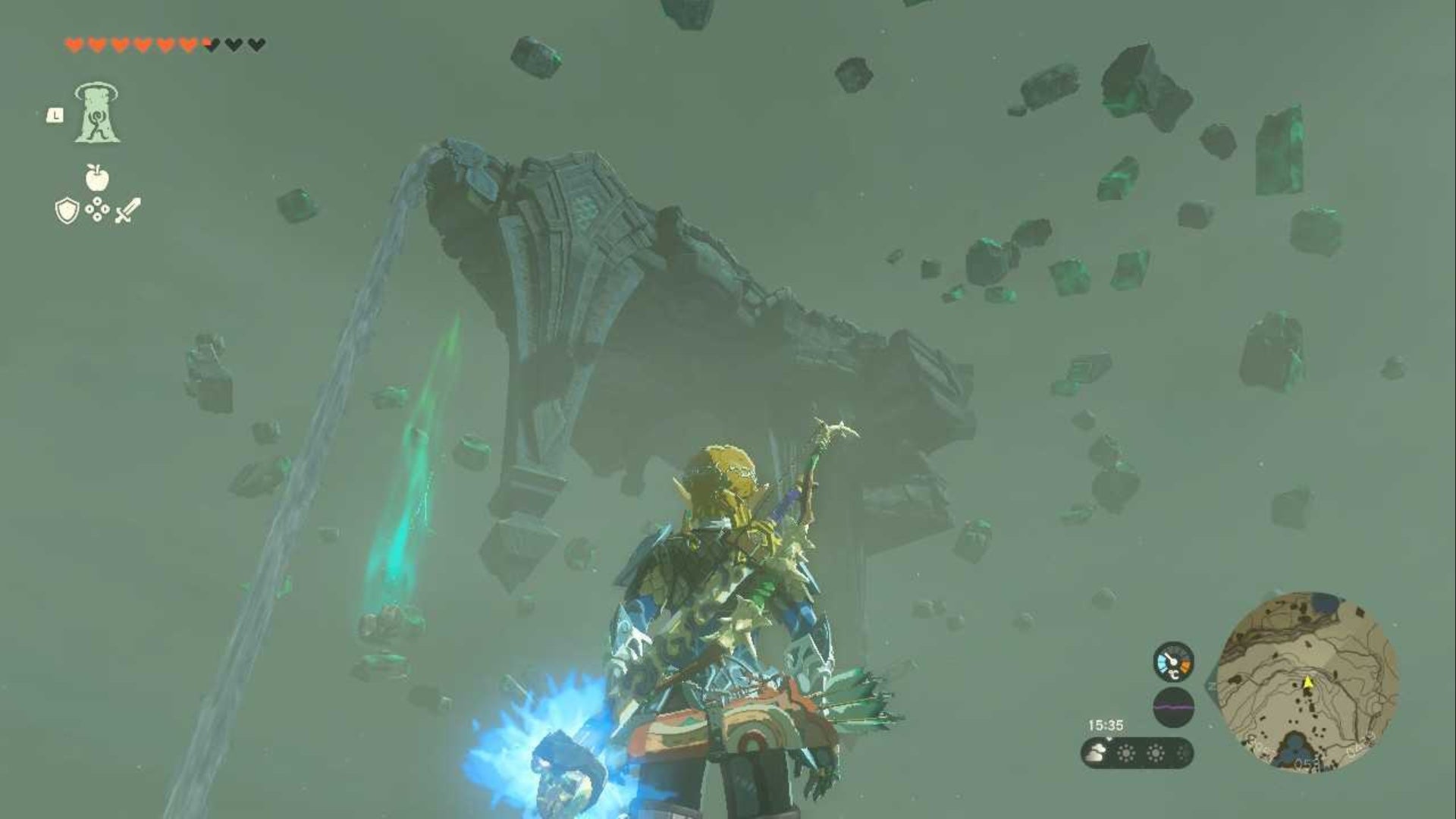 zelda totk link looking at floating scales island and falling sky rock