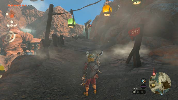 zelda totk link looking at lantern path goron city