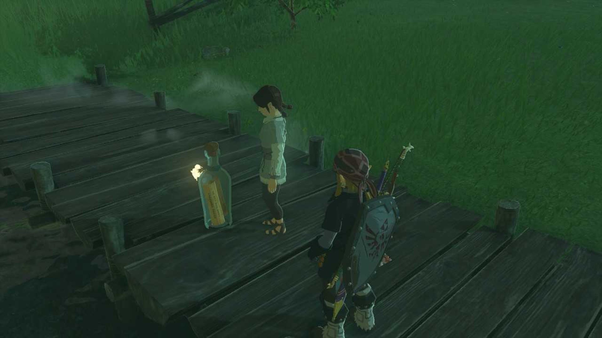 zelda totk link on dock with koyin and grampa message bottle