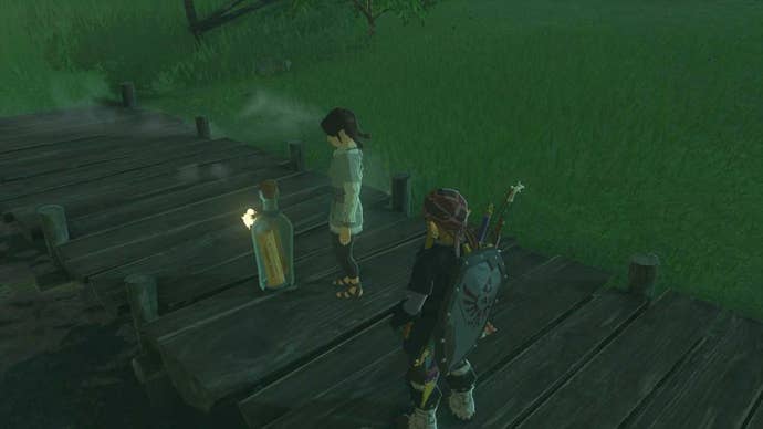 zelda totk link on dock with koyin and grampa message bottle