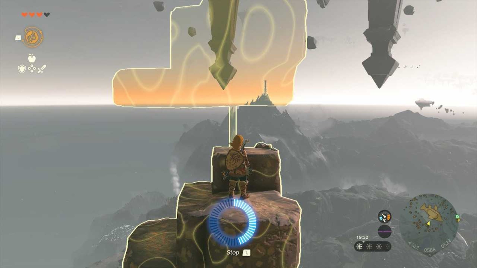 zelda totk link riding rewind rock up to floating scales island
