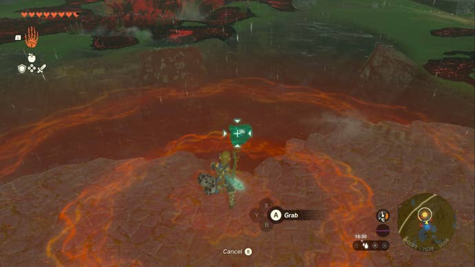 zelda totk link using ultrahand to pull eye from pond great plateau north chasm