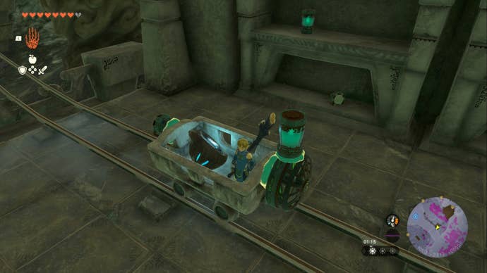 zelda totk link with big eye standing in fan propelled zonai cart in the depths