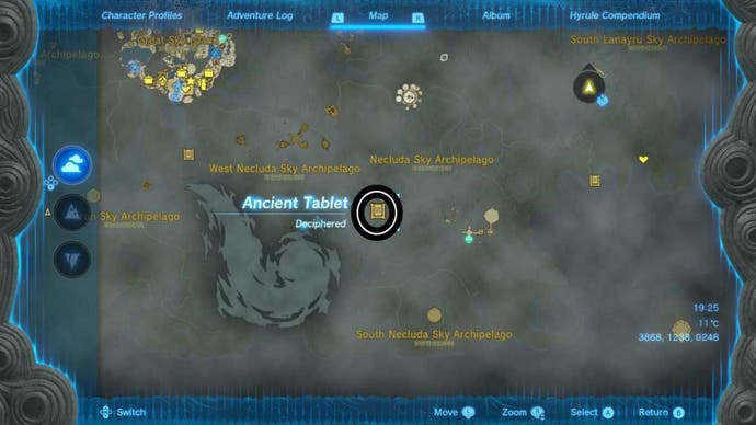 zelda totk necluda sky archipelago ancient tablet map location