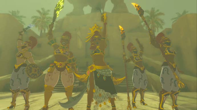 zelda totk riju bularia and gerudo warriors celebrating a victory