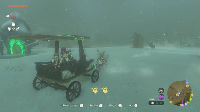 Link on his horse pulling a wooden cart that musicians are sitting in. Link is helping the troupe travel through a snowy region of Hyrule.