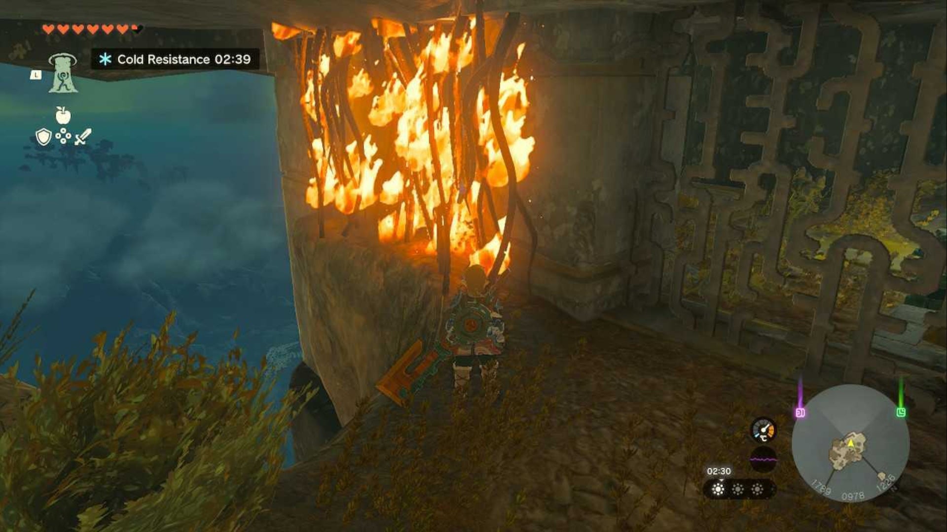 zelda totk south eldin sky archipelago burning vines on overhang