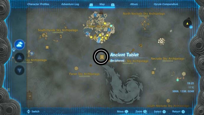 zelda totk west necluda sky archipelago ancient tablet map location