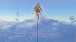 Link soars in the air from a tower in Tears of the Kingdom