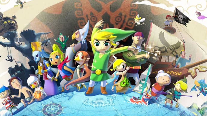 Key art for The Legend of Zelda: The Wind Waker showing the cast of characters all stood on a globe.
