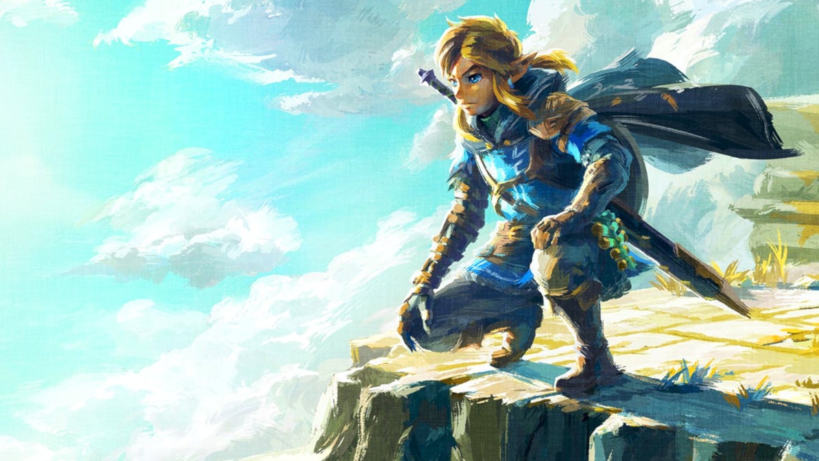 Adult Link, from Zelda, dressed in blue, perched on the edge of a floating island, looking quite handsome actually.