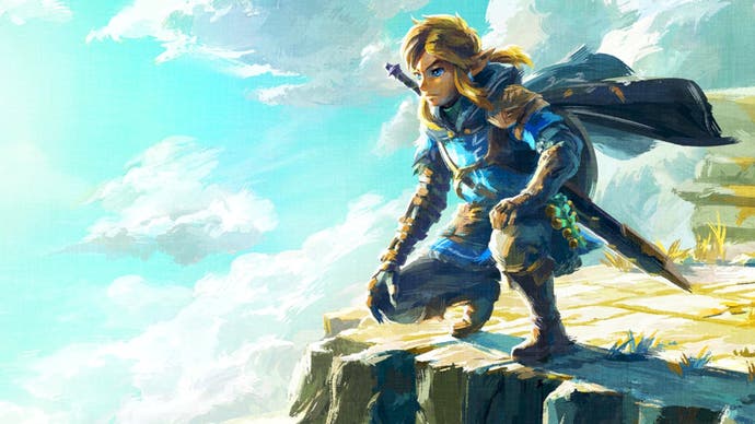 Adult Link, from Zelda, dressed in blue, perched on the edge of a floating island, looking quite handsome actually.