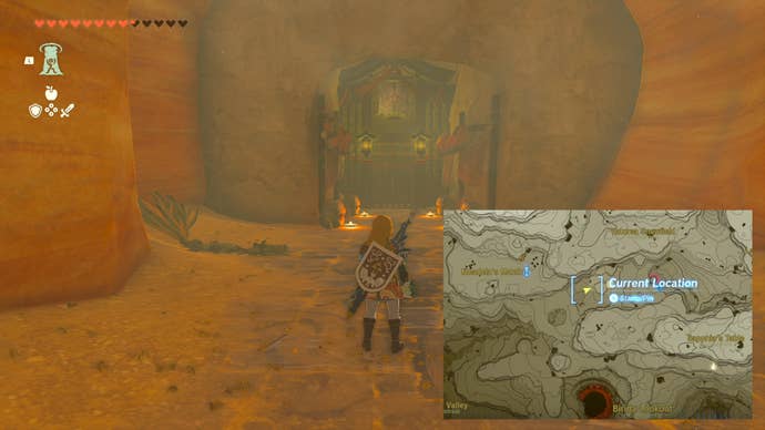 Link stands outside the Yiga Hideout in Zelda: Tears of the Kingdom