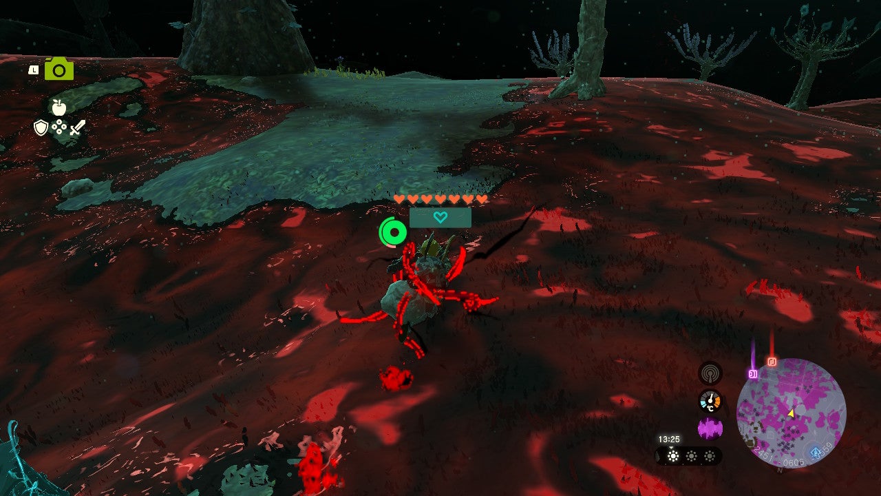 Link walking through Gloom while wearing Gloom-resistant armor in The Legend of Zelda: Tears of the Kingdom.